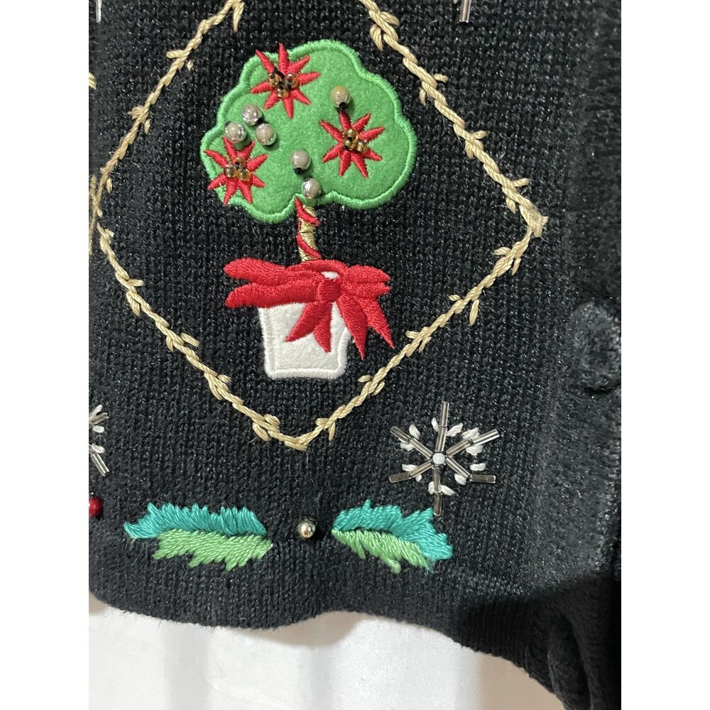 OHI Vintage Black Christmas Holiday Knit Cardigan Sweater Embroidered Beaded - Picture 11 of 13